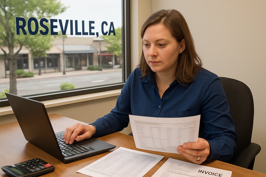 Bookkeeper reviewing financial documents for a small business in Roseville, CA