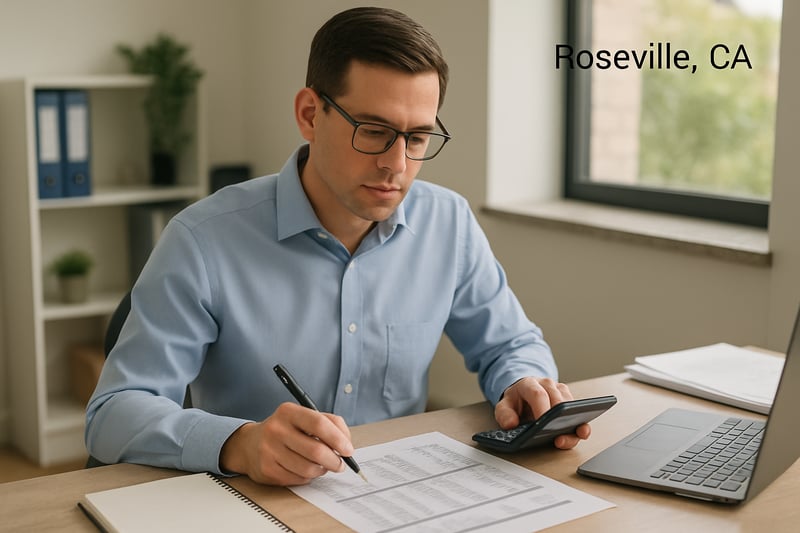 Professional bookkeeper working with financial documents at a desk in Roseville, CA.